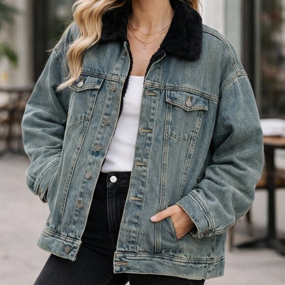 Swee Lo Jackets & Blazers - Swee Lo Vintage Denim Jacket with Black Rabbit Fur Trim – Size Small